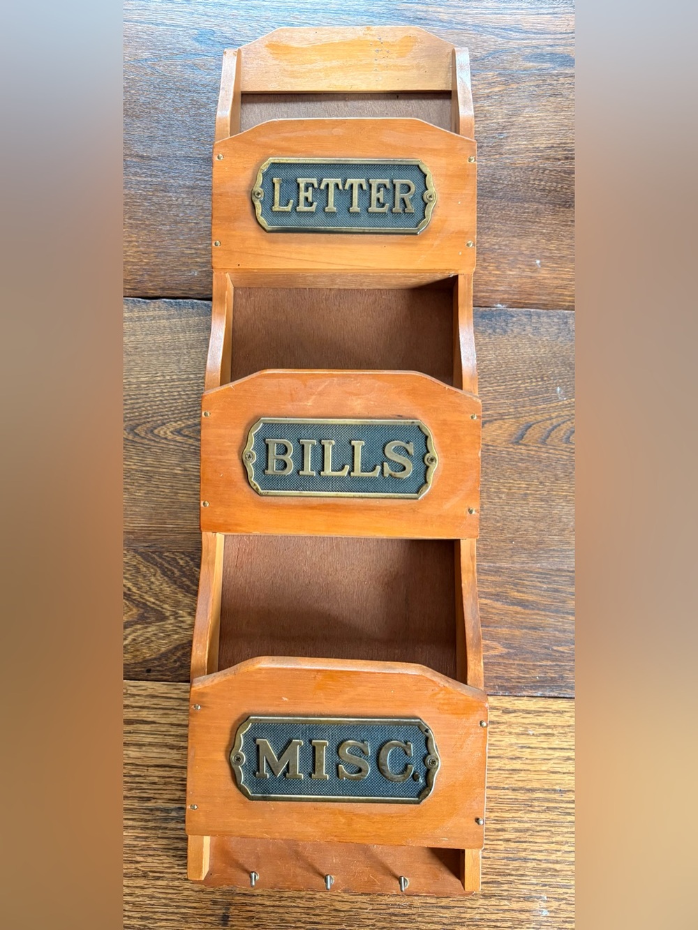 Vintage Wood Wall Organizer with Brass Label Plates - LETTER / BILLS / MISC